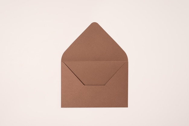 Open brown envelope on a light background of a milky color