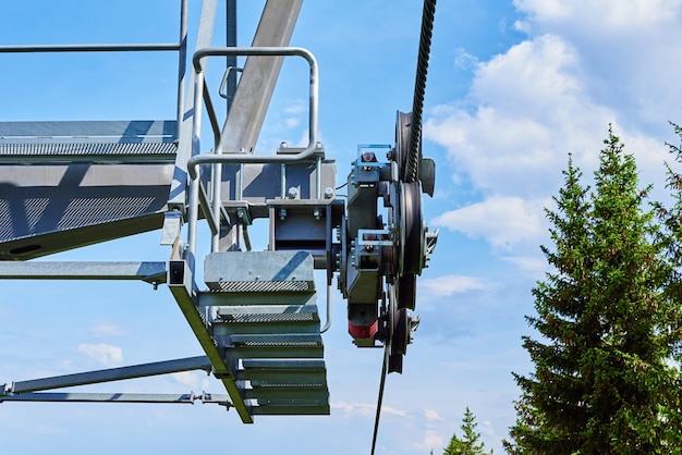 Open cable car line metal cable and moving rollers on platform for funicular mechanism close up karp