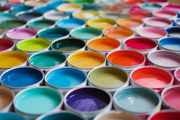 Open cans of paint in many colors representing diversity and choice The jars are arranged in an attractive manner showcasing the full range of colors