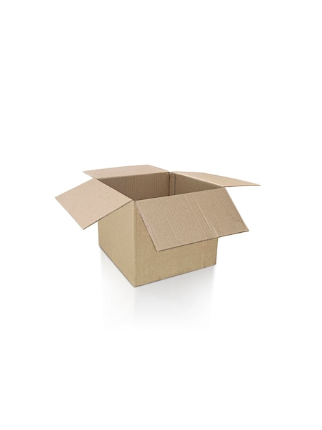 Open cardboard box on white background for design