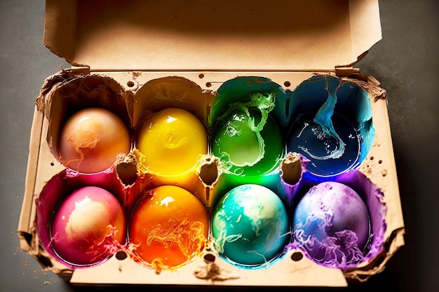 Open cardboard box with paints and painted easter egg