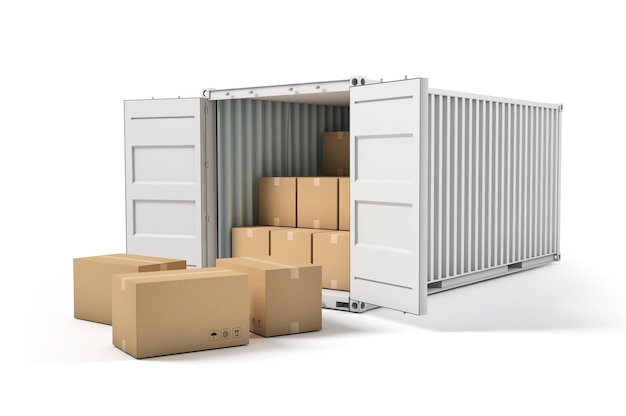 Open cargo container with cardboard boxes