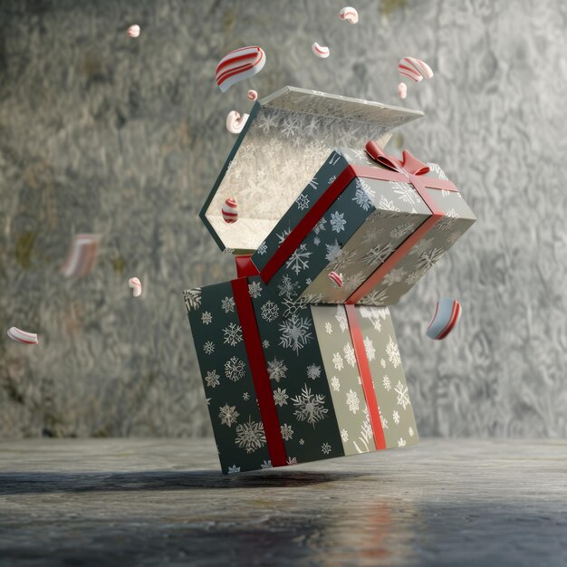 Photo open christmas gift box with red ribbon floating