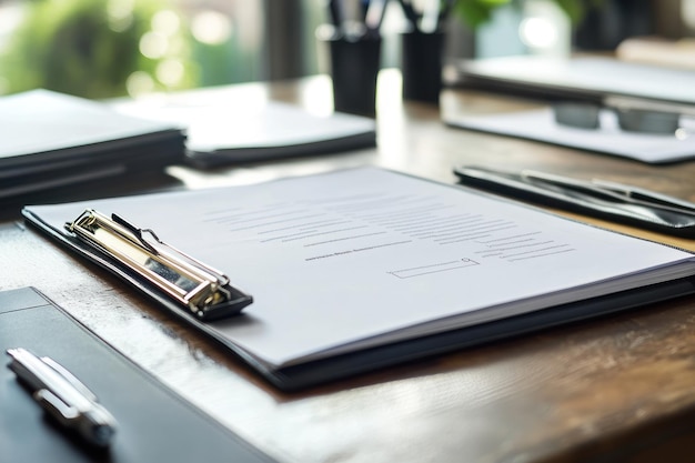 Photo open clipboard with paperwork on wooden desk