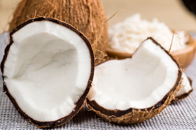 A open coconut with grated coconut.