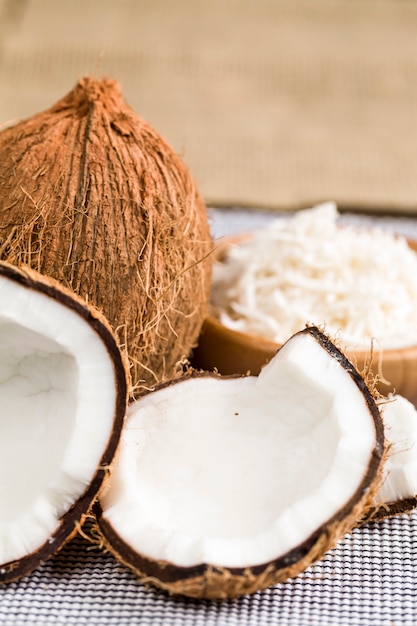 A open coconut with grated coconut.