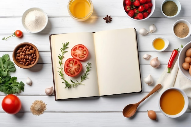 Photo open cookbook with ingredients for a recipe on a white wooden surface