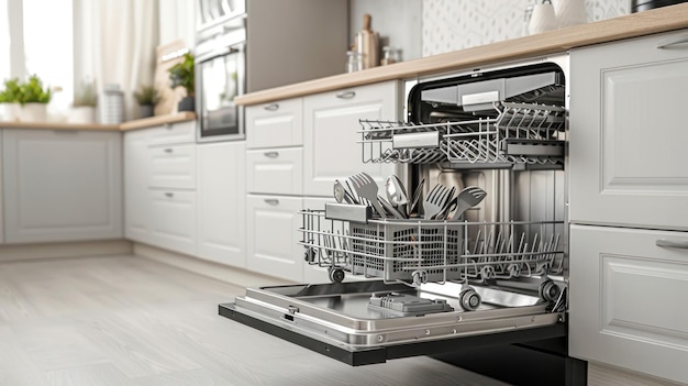 Open dishwasher in modern interior kitchen cabinet Generative AI