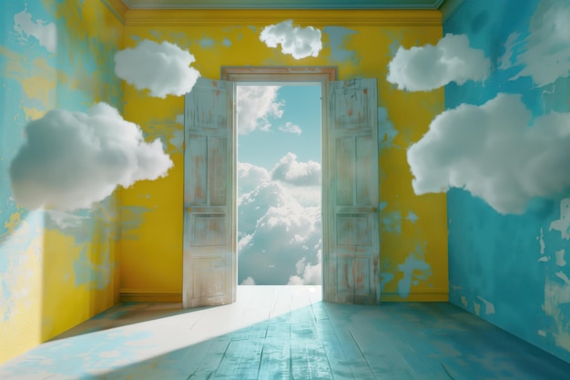 Open door in a bright room with clouds and sky 3D rendering