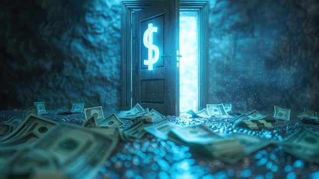 Open door with dollar sign and cash symbolizing financial success and economic opportunities