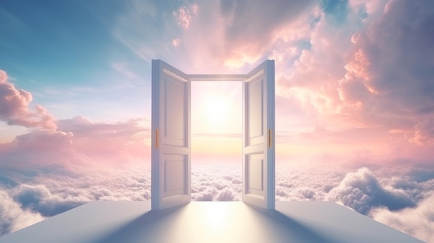 Open doorway leading to surreal sky Concept of heaven hope dreams positivity new horizons freedom the unknown mystery wonder and limitless possibilities