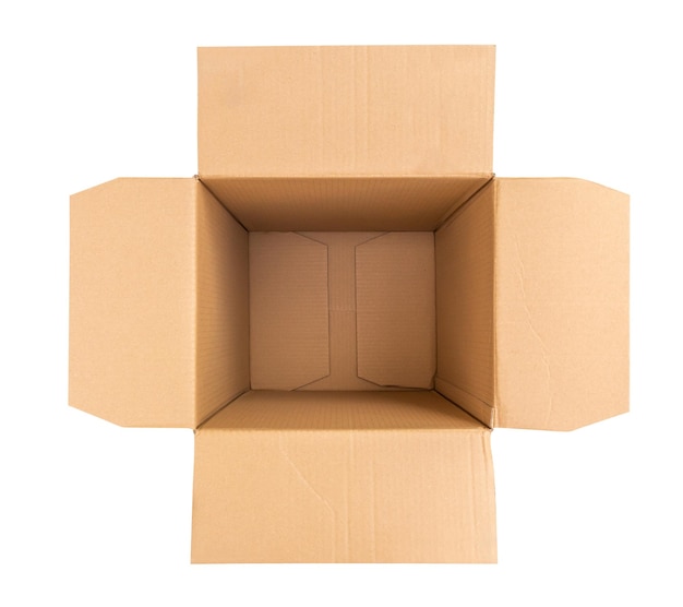 Open empty brown cardboard box isolated on white background top view