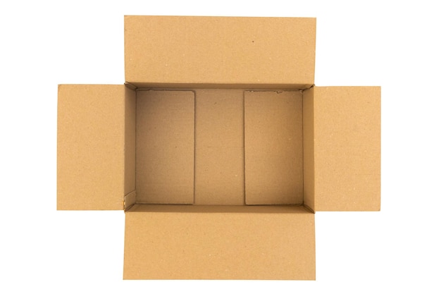 Open empty brown cardboard box isolated on white background top view