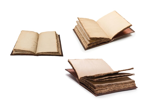 An open empty old notebook isolated on a white background