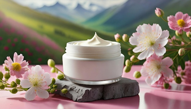 Open facial cream jar beauty face treatment face skin care pink flowers