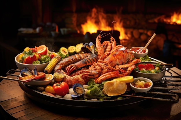 Open flame beach grill with mixed seafood platter created with generative ai