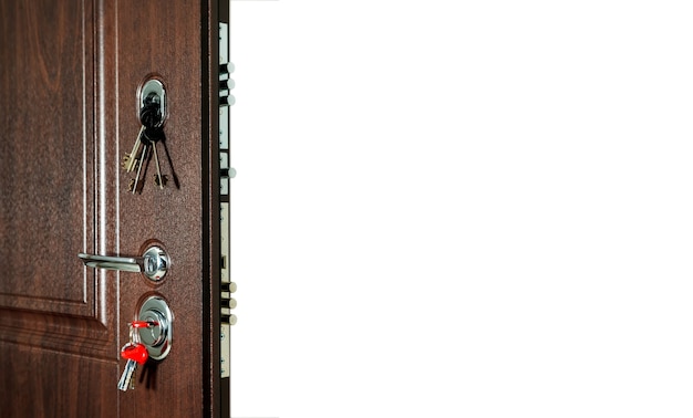 Open front door on white background isolation