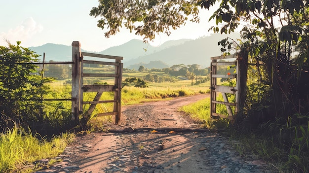 Photo open gate leading to a rural road and rolling hills