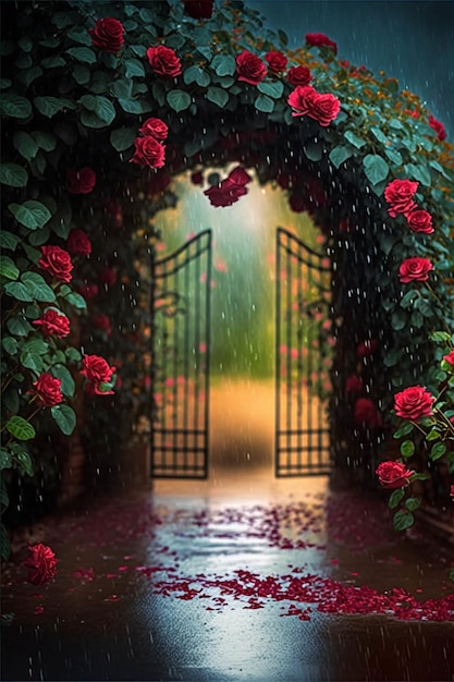 An open gate surrounded by red roses on a rainy day generative ai