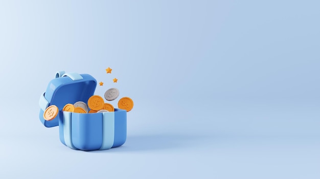 Open gift box with dollar coins 3D rendering