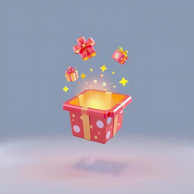 Photo open gift box with glowing light and small gift boxes floating above