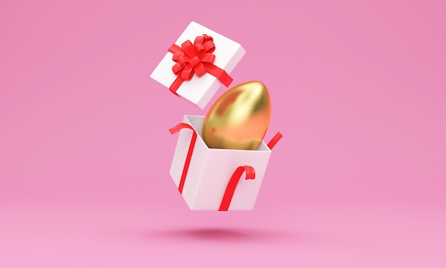 Open Gift Box with Golden Easter Egg Inside on pink