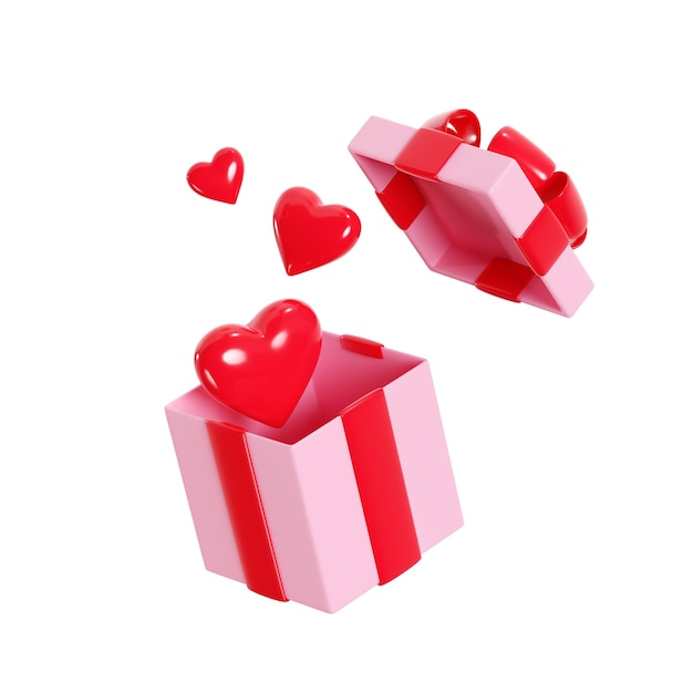 Open gift box with hearts flying away 3d render illustration romantic love pink floating present box with red ribbon