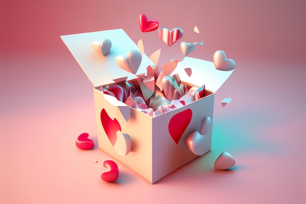 Open gift box with multicolored hearts flying out on a pink background Generative AI