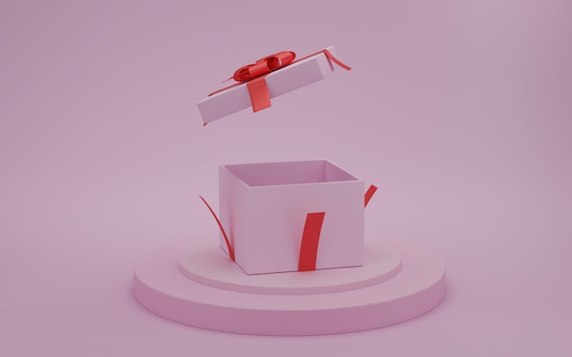 Open gift box with red ribbon on presentation podium with pink color background, valentine day concept, 3D rendering