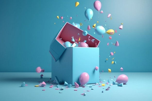 Photo open gifts box present with balloon and confetti holiday surprise celebration greeting 3d rendering illustration