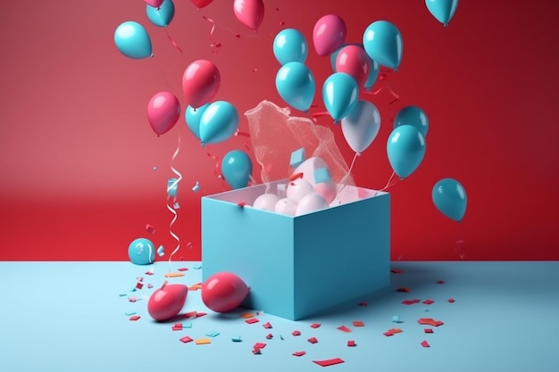 Photo open gifts box present with balloon and confetti holiday surprise celebration greeting 3d rendering illustration