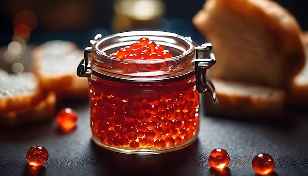 Open glass jar of caviar in sunlight