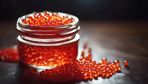 Open glass jar of caviar in sunlight