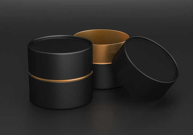 Open gold and black plastic or metal or cardboard tube tin can Mockup, 3d render