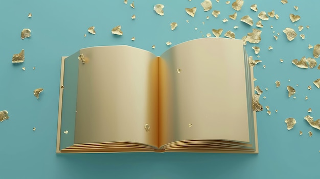 Open Golden Book with Gold Confetti on Blue Background