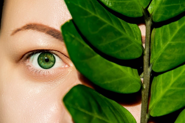 An open green eye of a woman and a plant with large green leaves covering the second eye