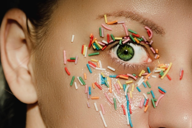 An open green woman's eye with a sweet multicolored sprinkle on the eyelid around the eye