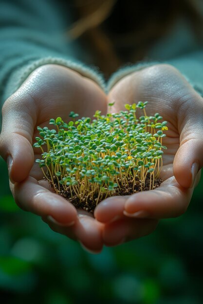 Photo an open hand filled with small seeds with new sprouts beginning to grow symbolizing potential and growth through support isolated on a pastel green background