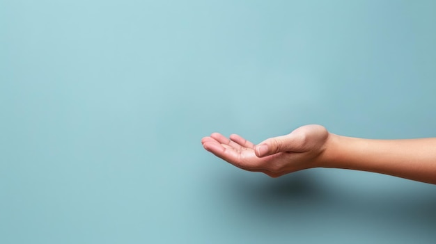 Photo open hand presented against blue background