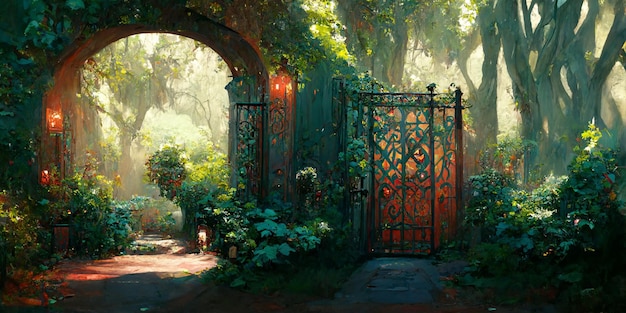 An open iron gate leads to a charming secret garden surrounded by ivy covered trees, 3D rendering.