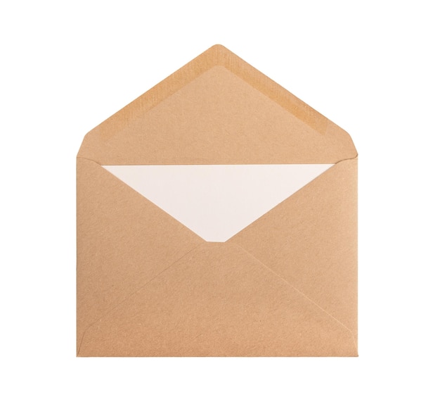 Open kraft paper envelope with letter card inside isolated on white background