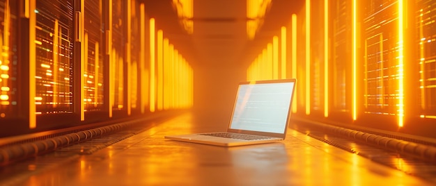 Open Laptop in a Modern Data Center with Golden Color Accents