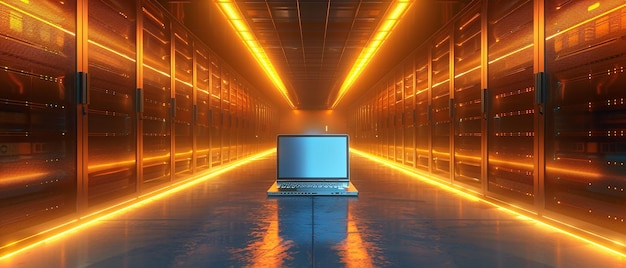 Photo open laptop in a modern data center with golden color accents