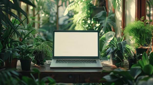 An open laptop sits on a wooden desk surrounded by an oasis of various lush indoor plants creating