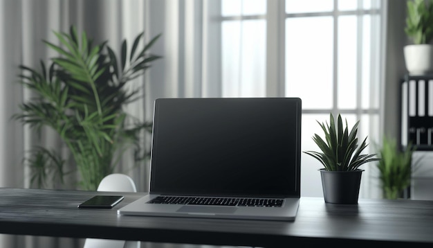 Open a laptop with a black screen Modern laptop on a wooden table Table table green plants