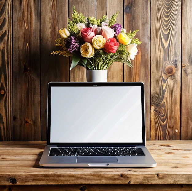 Photo open laptop with an blank screen and a bouquet of flowers on a wooden sideboard