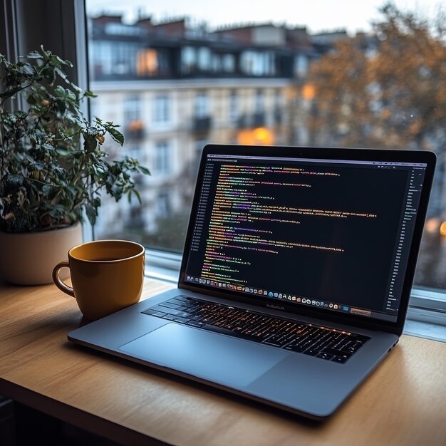 Open laptop with code on the screen and a mug of coffee on a wooden table