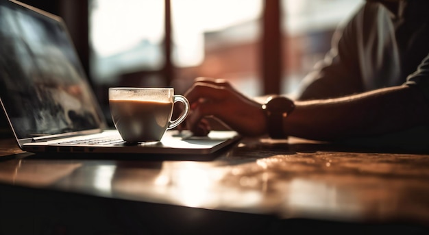 An open laptop with a man sitting to the side and a cup of coffee