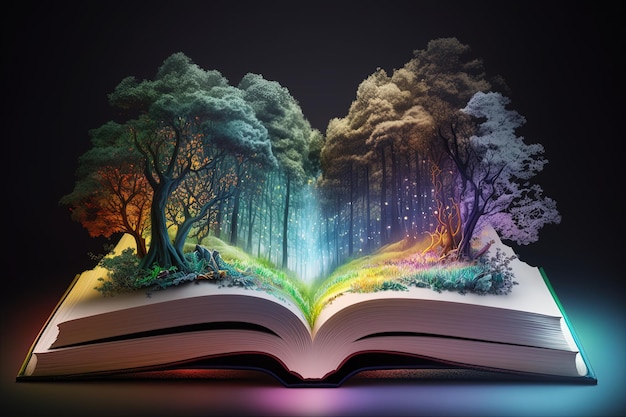 Open magic book with forest hologram on top AI