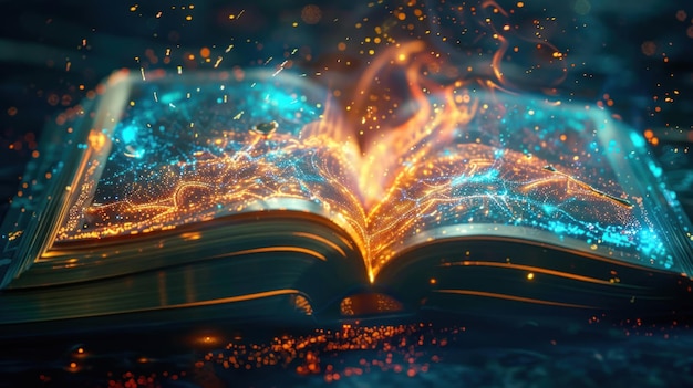 Open magic book with glowing pages and flying sparks Concept of fantasy magic knowledge and imagination